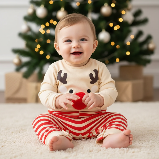 Adorable baby wearing a holiday jumpsuit for baby with playful elk design and cozy red stripes, smiling while sitting on a soft rug near a beautifully decorated Christmas tree.