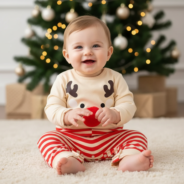 Adorable baby wearing a holiday jumpsuit for baby with playful elk design and cozy red stripes, smiling while sitting on a soft rug near a beautifully decorated Christmas tree.