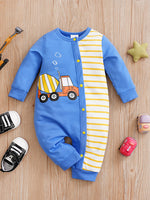 Builder Themed Baby Outfit for Boys - Tiny Builder Jumpsuit with colorful truck print and snap button infant romper detail