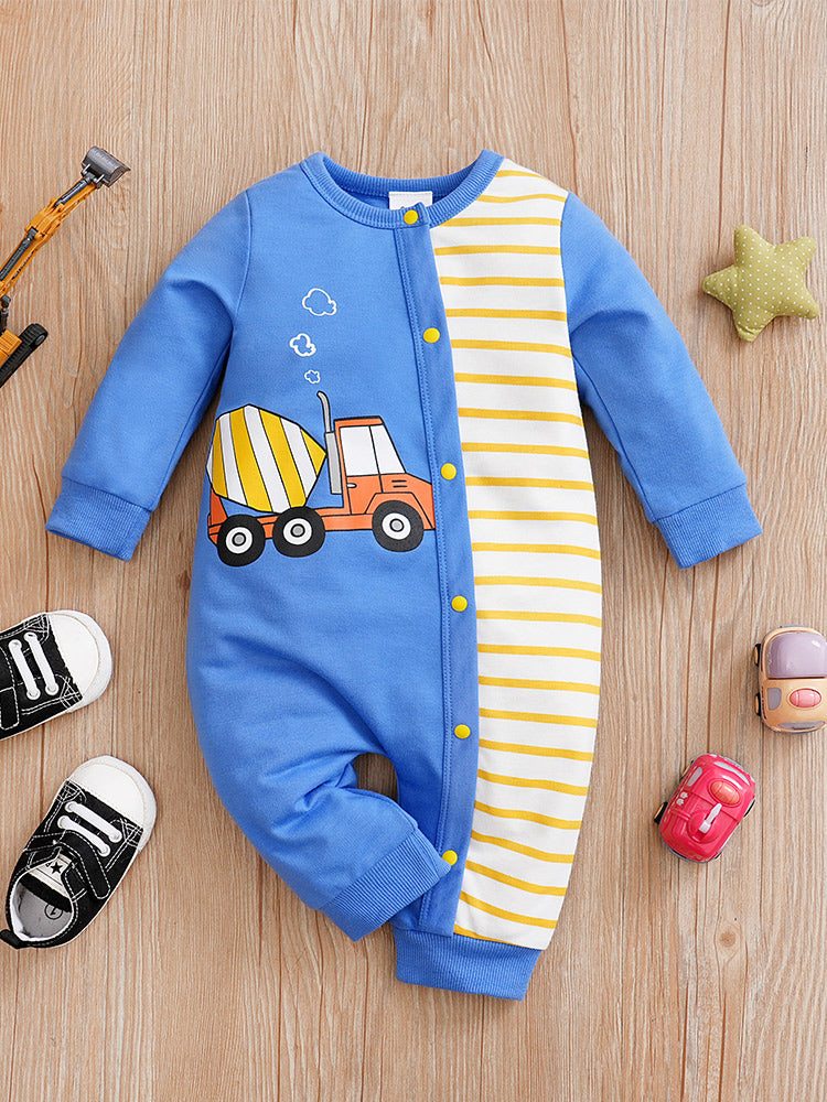 Builder Themed Baby Outfit for Boys - Tiny Builder Jumpsuit with colorful truck print and snap button infant romper detail