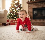 Happy baby girl crawling on the floor in her red Christmas bodysuit and playful pants. A charming choice for a baby girl's first Christmas outfit.