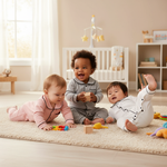 Baby Girl Cotton Pajamas for Babies - Soft Long Sleeve, Snap Button Closure in Pink, three babies in different colors of pajamas engaging with toys on a soft rug.