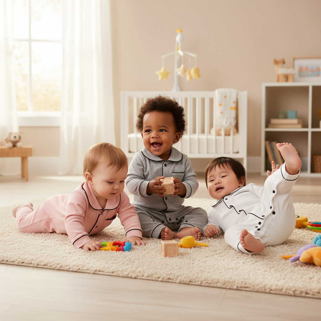 Baby Girl Cotton Pajamas for Babies - Soft Long Sleeve, Snap Button Closure in Pink, three babies in different colors of pajamas engaging with toys on a soft rug.