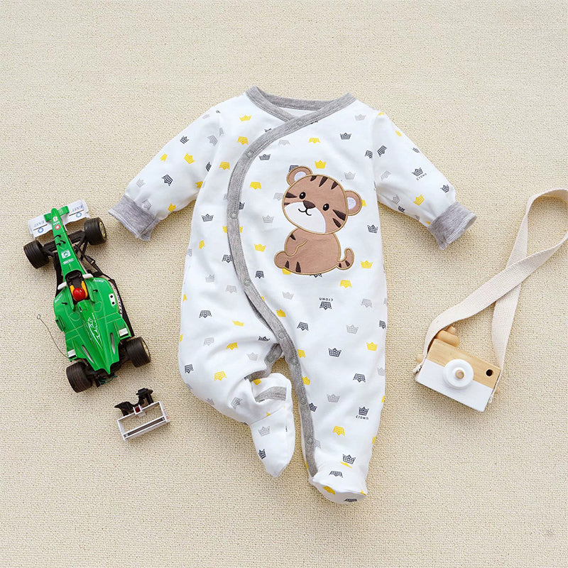 King Bear Crown Cotton Footed Jumpsuit For Baby Boys - Soft fabric with snap buttons and cute bear print for infant sleepwear.