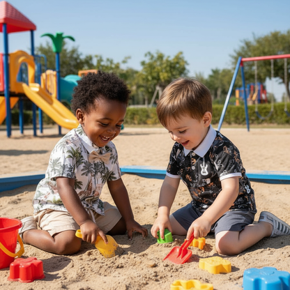 Toddler Boy Wildlife Shirt and Shorts Set for Toddlers with Bow Tie, showing two young boys playing in the sand, illustrating the outfit’s playful nature as a great shorts set for toddlers.