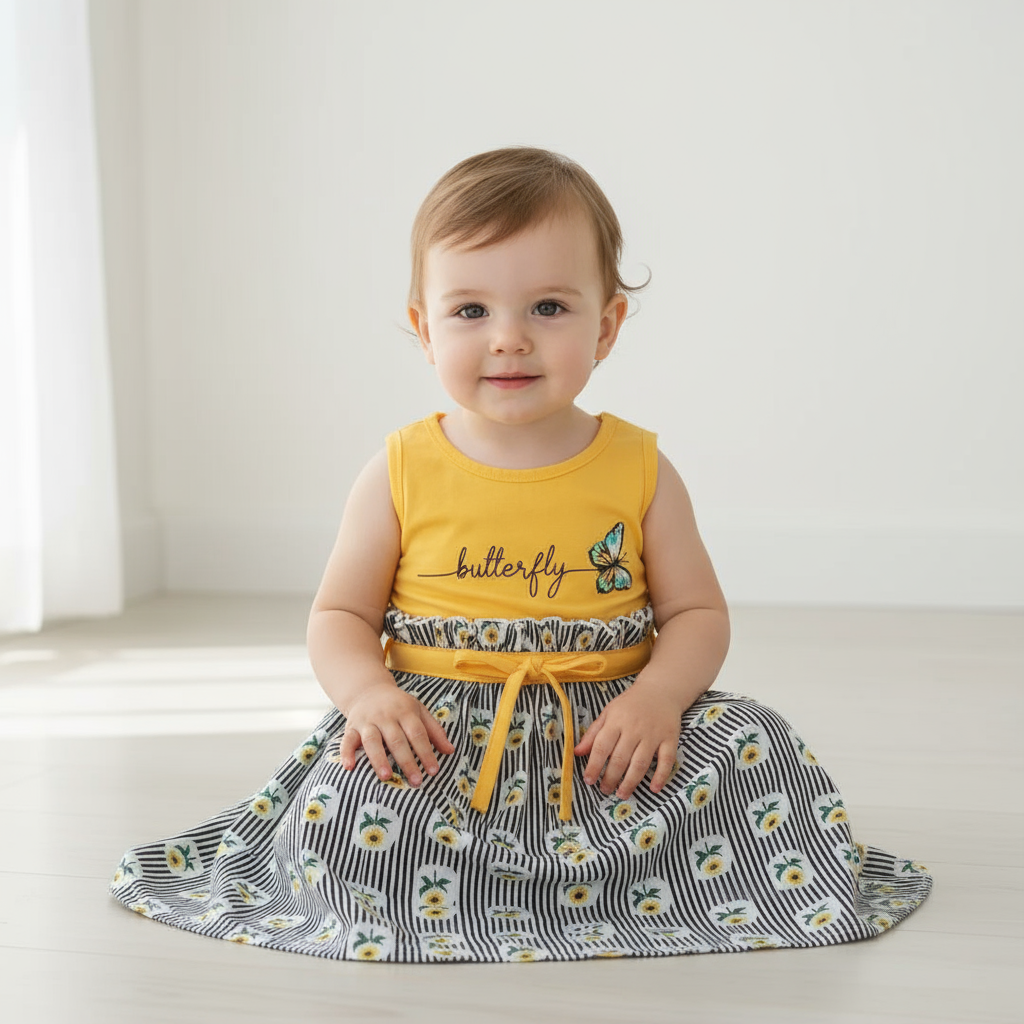 Adorable toddler wearing a butterfly dress for girls, featuring a bright yellow top and twirling floral skirt, perfect for playtime.