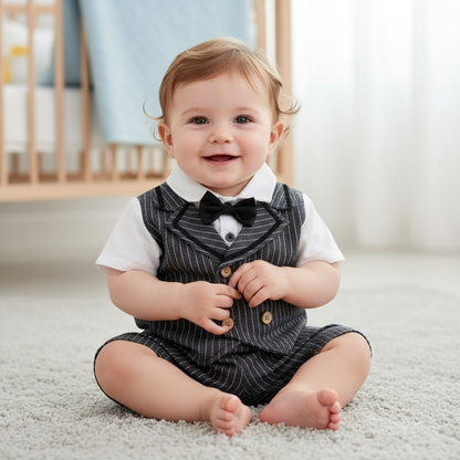 Stylish 2-Piece Baby Boy Gentleman Outfit With Bow Tie & Vest in pinstripe design, featuring a smiling baby sitting on a soft rug, showcasing the gentleman outfit for baby.