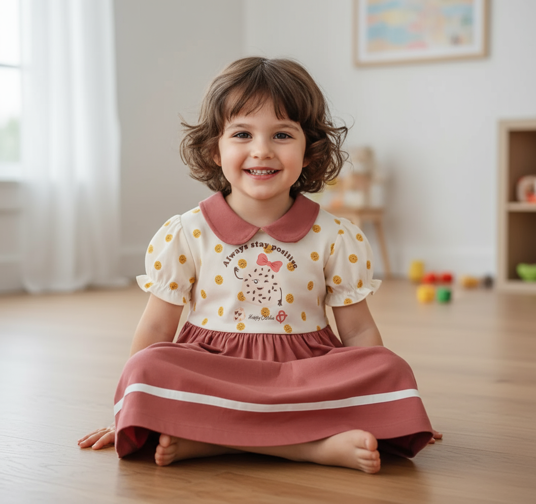 Adorable Toddler Dress With Collar - Stay Positive Cookie Design, featuring a smiling girl wearing a soft cotton toddler dress with collar, polka dot fun, indoors.