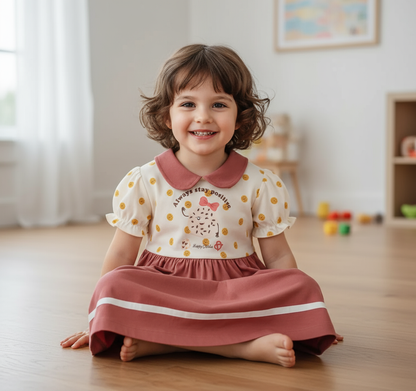 Adorable Toddler Dress With Collar - Stay Positive Cookie Design, featuring a smiling girl wearing a soft cotton toddler dress with collar, polka dot fun, indoors.