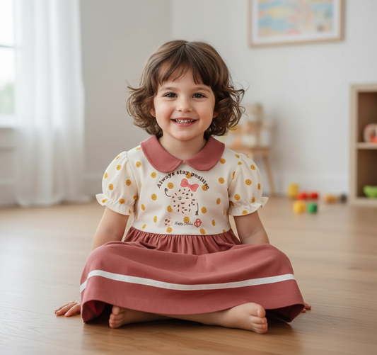 Adorable Toddler Dress With Collar - Stay Positive Cookie Design, featuring a smiling girl wearing a soft cotton toddler dress with collar, polka dot fun, indoors.