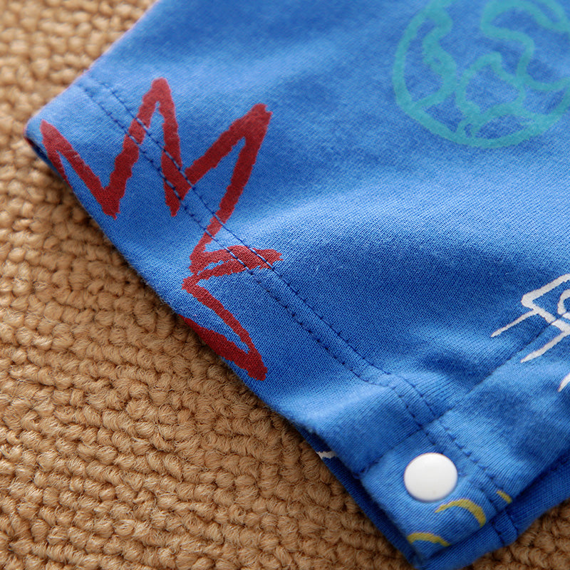 Cozy Baby Blue Romper with Star Print by Hushies - Easy Snap Closure, Soft Cotton fabric with colorful star and planet details close-up