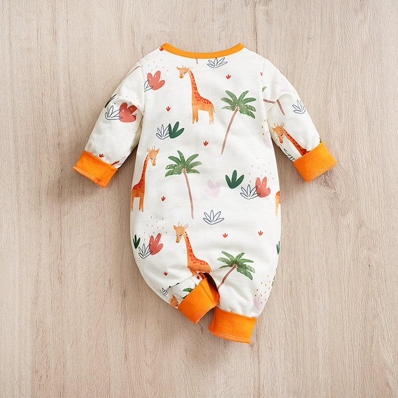 Adorable Giraffe Pattern Baby Outfit for Girls - Little Explorer Jumpsuit with orange trim and safari-themed print for infant clothing