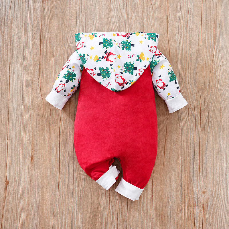 Cozy Gender Neutral Baby Christmas Jumpsuit With Hood, Soft & Festive Design featuring hood with Santa and tree print and red body