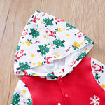 Cozy Gender Neutral Baby Christmas Jumpsuit With Hood, Soft & Festive Design featuring holiday print hood and red bodice with snap buttons