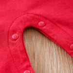 Cozy Gender Neutral Baby Christmas Jumpsuit With Hood, Soft & Festive Design featuring red fabric and snap button closure detail