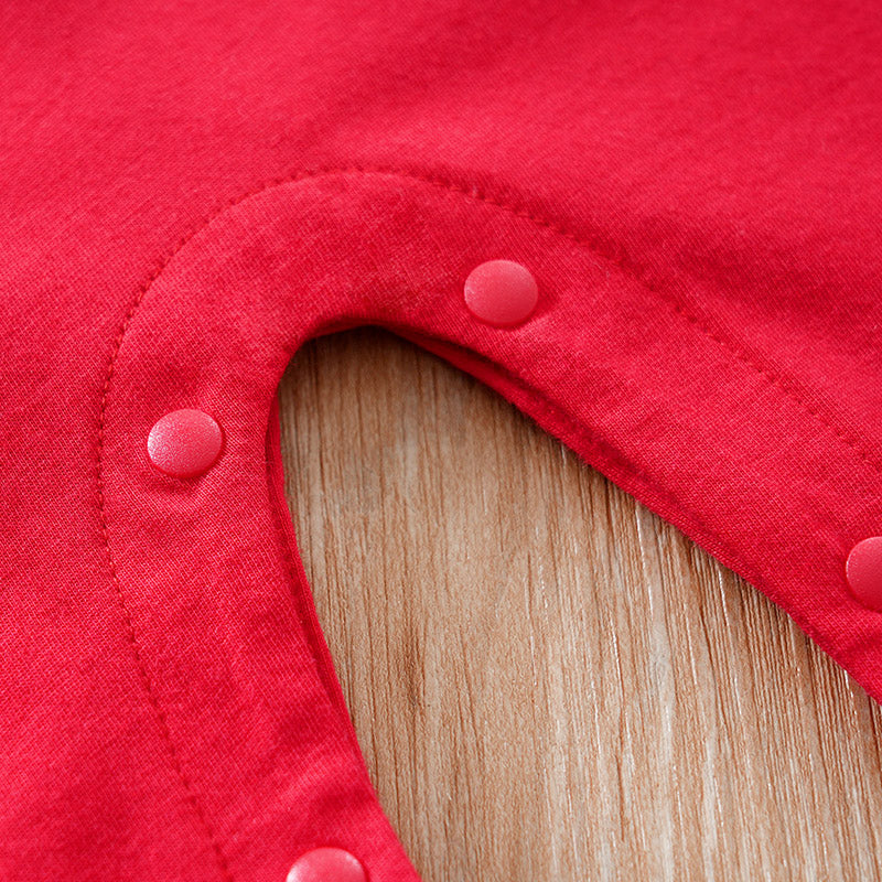 Cozy Gender Neutral Baby Christmas Jumpsuit With Hood, Soft & Festive Design featuring red fabric and snap button closure detail