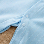 Baby Boy Blue Gentleman Suit Jumpsuit With Bow Tie & Vest 12-18M close-up of snap button and striped blue fabric detail