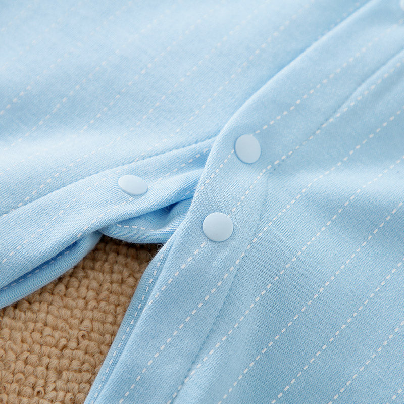 Baby Boy Blue Gentleman Suit Jumpsuit With Bow Tie & Vest 12-18M close-up of snap button and striped blue fabric detail