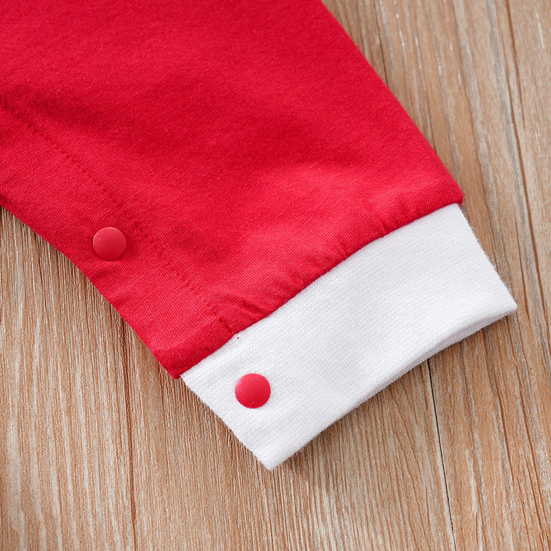 Cozy Gender Neutral Baby Christmas Jumpsuit With Hood, Soft & Festive Design showing red fabric sleeve with white cuff and red snap buttons