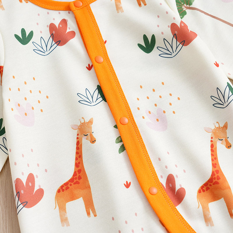 Adorable Giraffe Pattern Baby Outfit for Girls - Little Explorer Jumpsuit with orange trim and snap button closure on soft fabric baby clothing