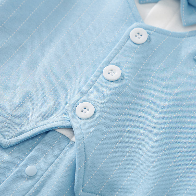 Baby Boy Blue Gentleman Suit Jumpsuit With Bow Tie & Vest 12-18M close-up of white buttons and pinstripe fabric detail