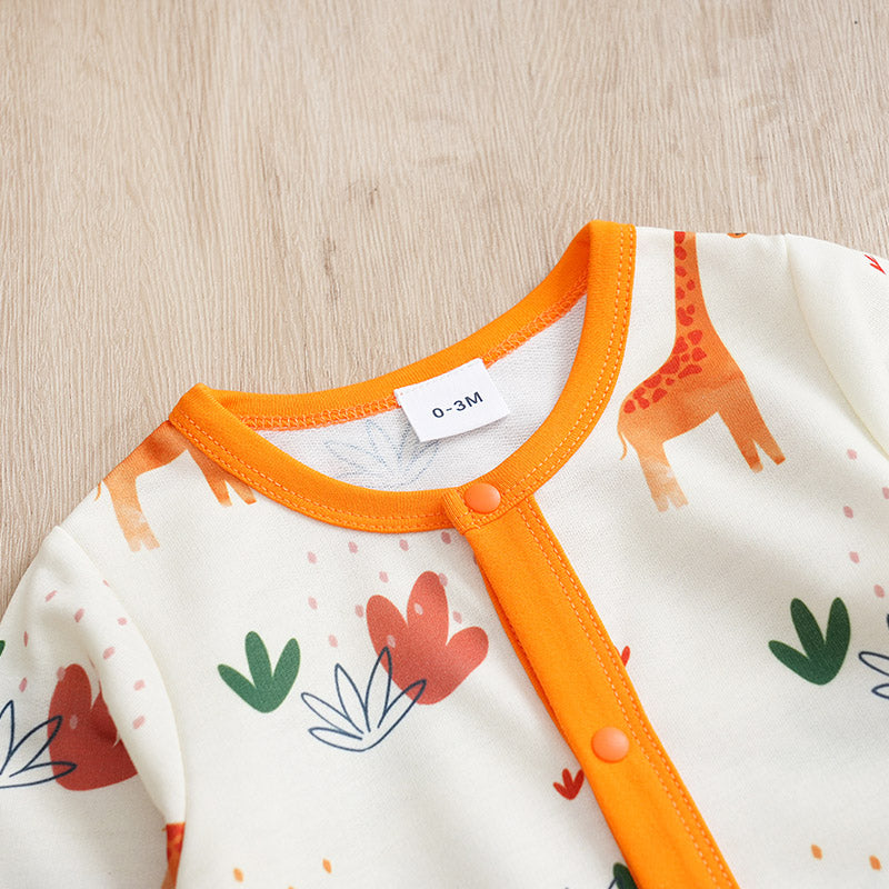 Adorable Giraffe Pattern Baby Outfit for Girls - Little Explorer Jumpsuit with orange trim and snap buttons on soft infant jumpsuit