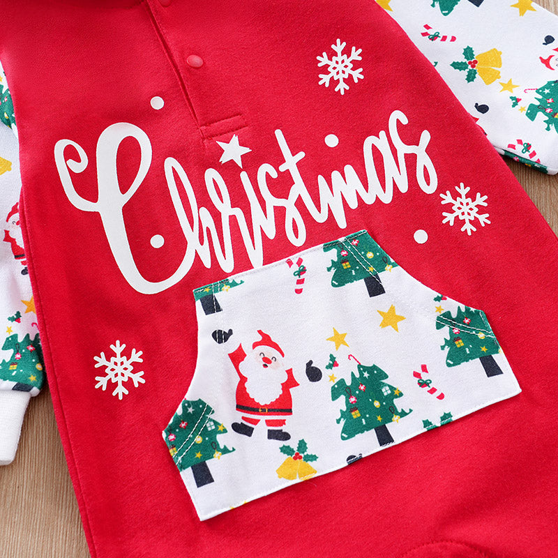 Cozy Gender Neutral Baby Christmas Jumpsuit With Hood, Soft & Festive Design featuring holiday print pocket and snap button closure