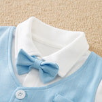 Baby Boy Blue Gentleman Suit Jumpsuit With Bow Tie & Vest 12-18M showing soft collar and blue bow tie detail