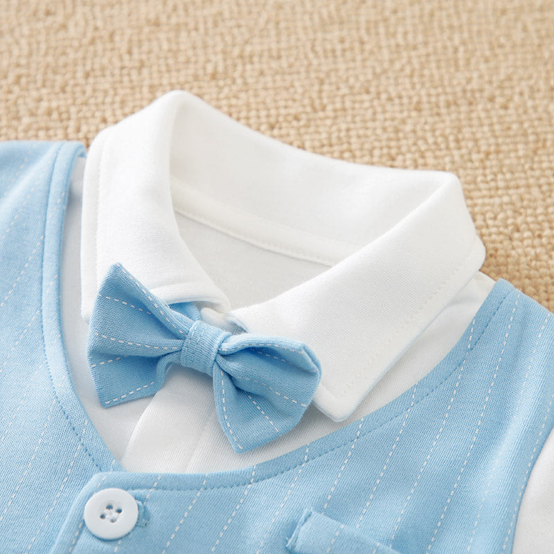 Baby Boy Blue Gentleman Suit Jumpsuit With Bow Tie & Vest 12-18M showing soft collar and blue bow tie detail