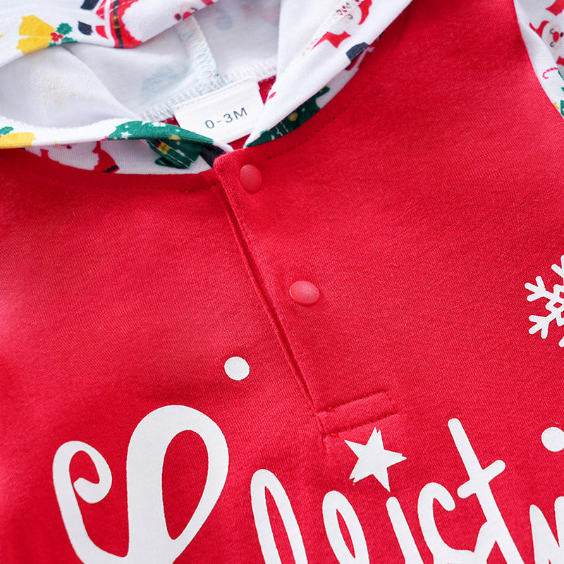 Cozy Gender Neutral Baby Christmas Jumpsuit With Hood, Soft & Festive Design in red with snap button closure and printed holiday hood lining