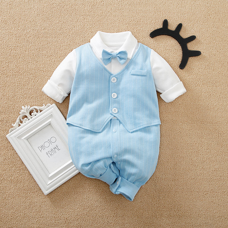 Baby Jumpsuit with a one piece light blue vest and pants on a beige background