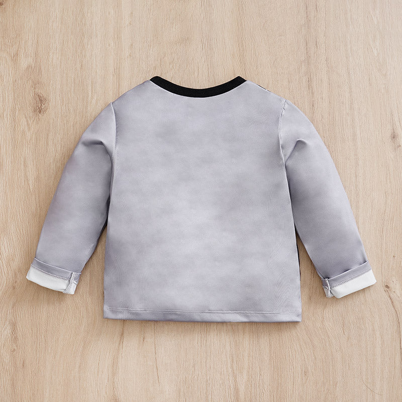 Back view of Gray sweatshirt on a wooden surface