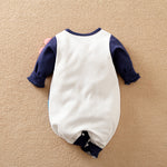 Soft Cotton Baby Dinosaur Jumpsuit With Cute Design, Long Sleeve & Easy Snap Closure navy and white infant romper back view