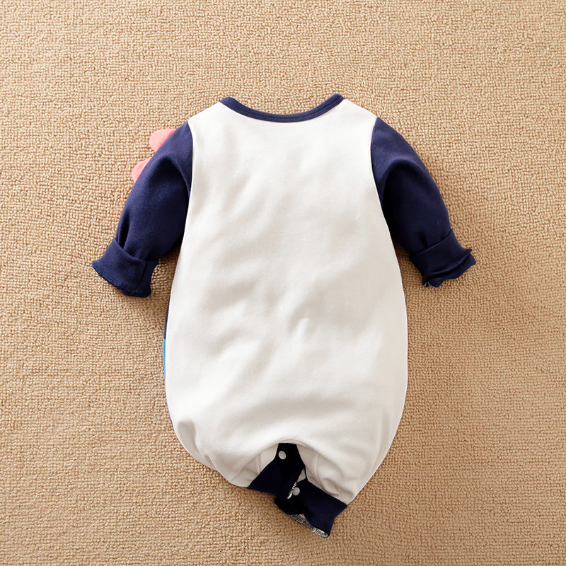 Soft Cotton Baby Dinosaur Jumpsuit With Cute Design, Long Sleeve & Easy Snap Closure navy and white infant romper back view