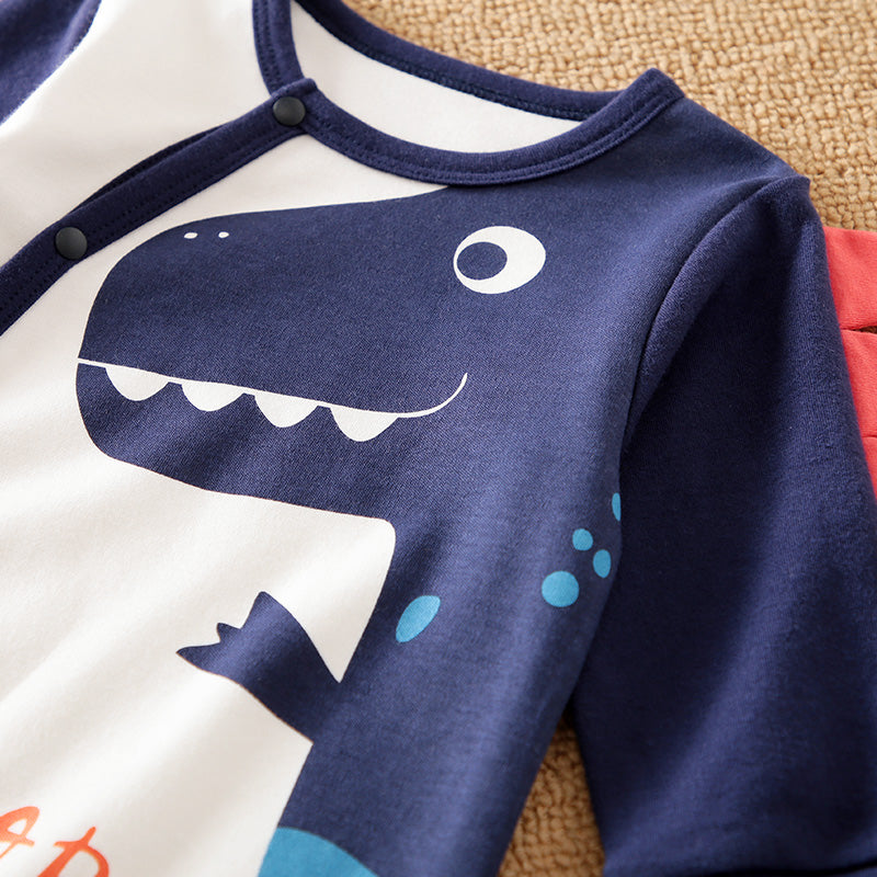 Soft Cotton Baby Dinosaur Jumpsuit With Cute Design, Long Sleeve & Easy Snap Closure close-up of dinosaur graphic and snap buttons on soft fabric