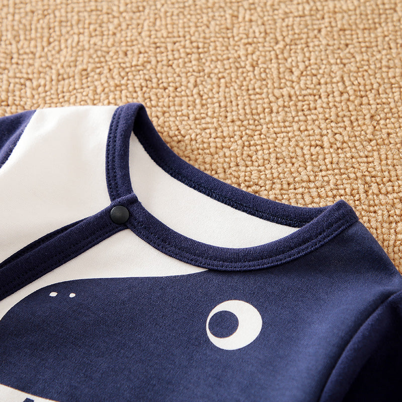 Soft Cotton Baby Dinosaur Jumpsuit With Cute Design, Long Sleeve & Easy Snap Closure close-up of navy neckline and snap button on infant romper