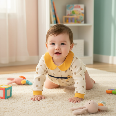 Soft Cotton Baby Bodysuit with Adorable Dots, Chic Collar, and Stylish Bow for Girls; a cheerful baby crawls on a plush carpet, showcasing the comfortable cotton baby bodysuit.