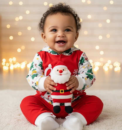 Adorable baby dressed in a Cozy Gender Neutral Baby Christmas Jumpsuit With Hood, holding a Santa toy and smiling amidst soft decorative lights, great for Christmas celebrations.