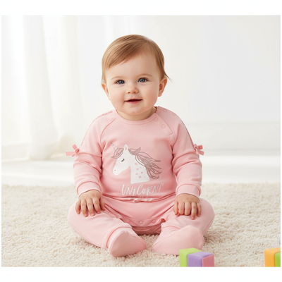 Adorable unicorn baby jumpsuit in soft pink featuring bow details, designed for comfort. Ideal for playdates or cozy days at home.