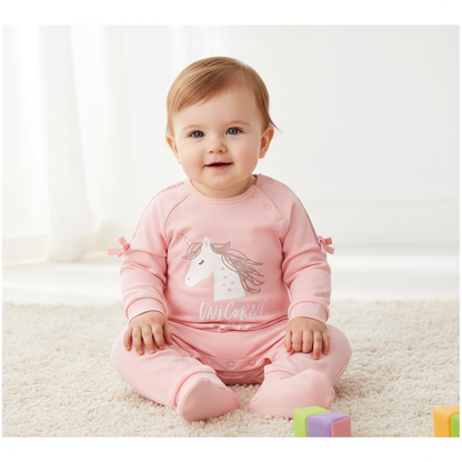 Adorable unicorn baby jumpsuit in soft pink featuring bow details, designed for comfort. Ideal for playdates or cozy days at home.