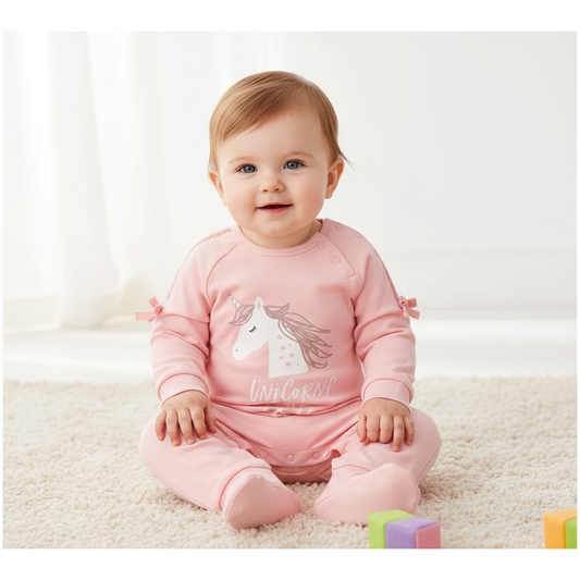 Adorable unicorn baby jumpsuit in soft pink featuring bow details, designed for comfort. Ideal for playdates or cozy days at home.