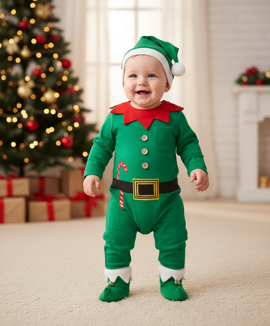 Adorable baby wearing a Green Elf Jumpsuit and Hat, smiling in front of a decorated Christmas tree, showcasing a festive spirit.