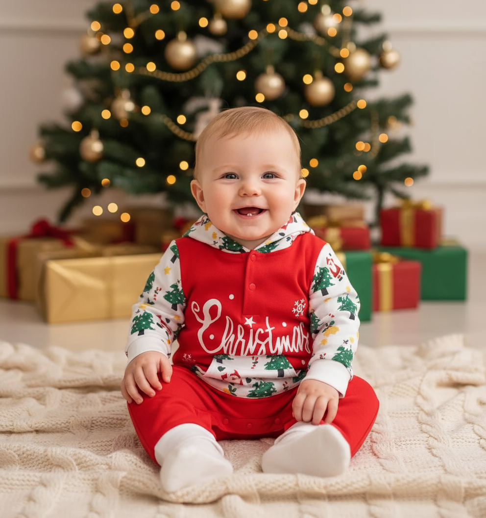 Happy baby wearing a Cozy Gender Neutral Baby Christmas Jumpsuit With Hood, smiling in front of a beautifully decorated Christmas tree. Ideal for festive family gatherings.