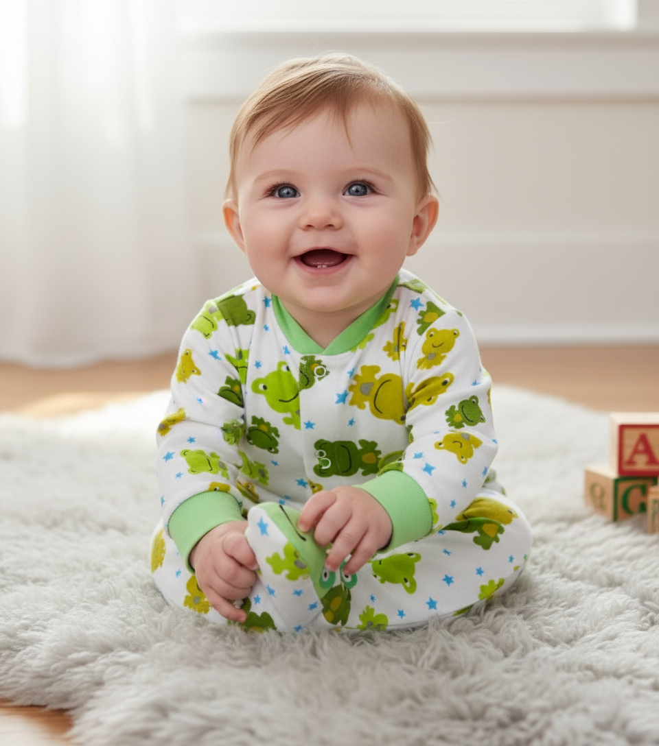 Happy baby seated in a cozy cotton frog star design baby unisex jumpsuit, showcasing playful prints and comfort.
