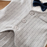 Gray Striped Baby Suit With Bow Tie - Soft fabric baby outfit with snap buttons and navy bow tie detail close-up view