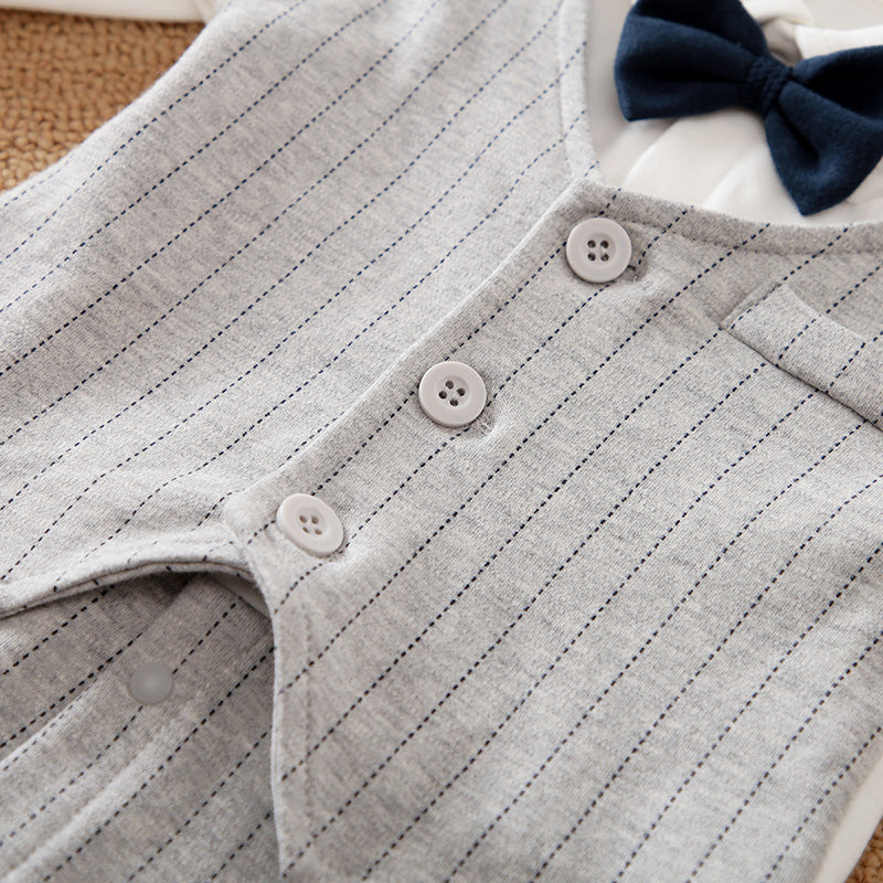 Gray Striped Baby Suit With Bow Tie - Soft fabric baby outfit with snap buttons and navy bow tie detail close-up view