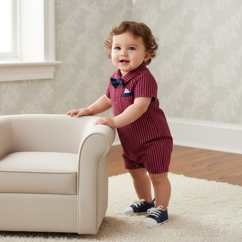 Adorable 1-Piece Red Striped Infant Clothing Jumpsuit With Bow Tie & Button-Up Front, modeled by a smiling baby standing next to a chair, demonstrating stylish striped infant clothing.