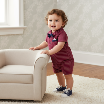 Adorable 1-Piece Red Striped Infant Clothing Jumpsuit With Bow Tie & Button-Up Front, modeled by a smiling baby standing next to a chair, demonstrating stylish striped infant clothing.