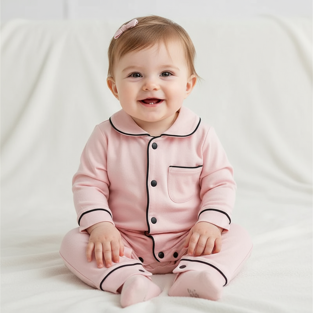 Baby Girl Cotton Pajamas for Babies - Soft Long Sleeve, Snap Button Closure in Pink, a smiling baby girl wearing pink pajamas sitting on a cozy blanket.
