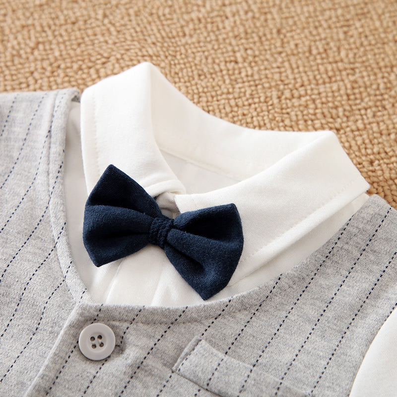 Gray Striped Baby Suit With Bow Tie - Stylish Outfit for Special Occasions featuring navy bow detail and soft white collar close-up